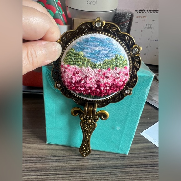 Hand Crafted Other - Vintage Handheld Mirror with Embroidered Design